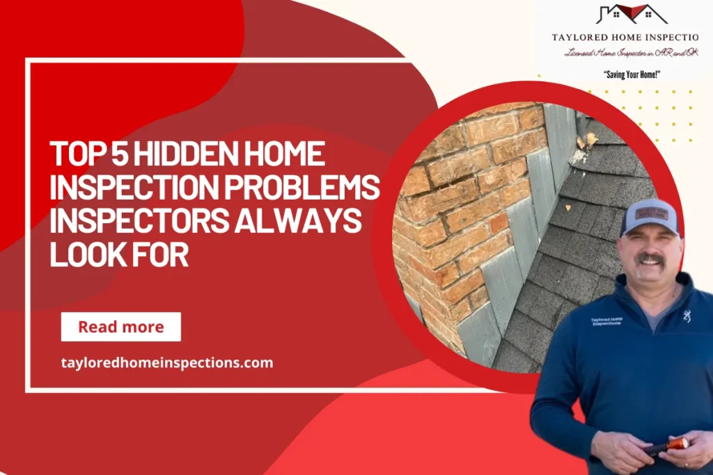 Home Inspection Problems Inspectors identify, featuring a professional inspector standing near a brick chimney and roof area with visible wear.