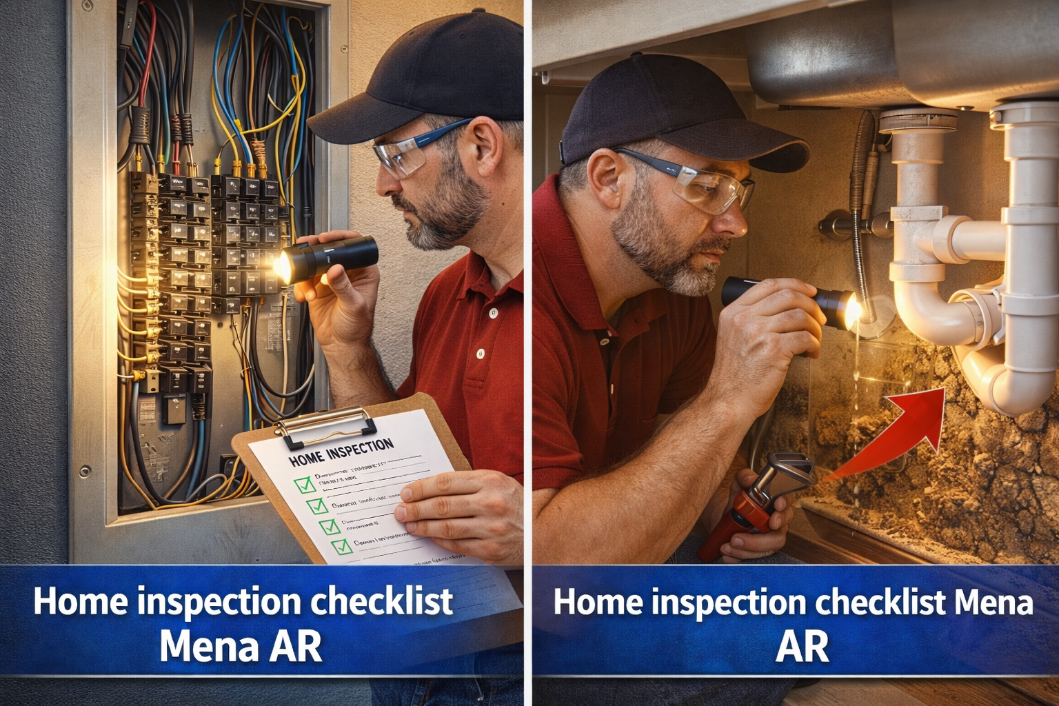 A home inspector in Mena, AR, evaluates an electrical panel with a flashlight and checks for leaks under the kitchen sink. The image captures the inspection of electrical and plumbing systems as part of the home inspection process.