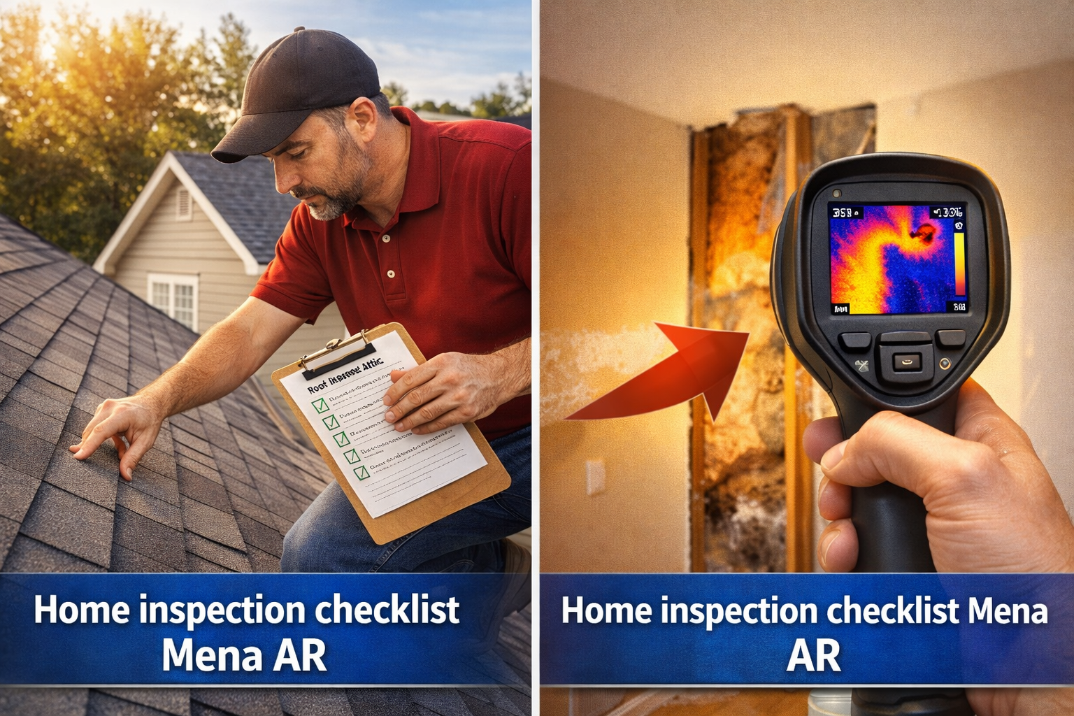 A home inspector in Mena, AR, conducts a roof inspection using a checklist, checking for damage or wear. The image highlights the roof inspection process as part of the home inspection checklist.
